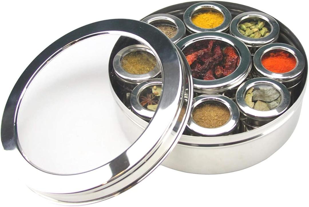 Stainless Steel Indian Spice Masala Box Dabba with See Through Lid with 9 Spice Organizer Containers Box | 8.5 Diameter (Design1)