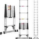 DEZEX 15.5 FT Telescoping Ladders Stainless Steel - One-Button Retraction Collapsible Extension Ladder for Home, RV, Loft, Lasts 375 LBS with 2 Triangle Stabilizers, Balance Bar and Wheels