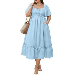 Women Plus Size Light Blue Dress Easter Maxi Summer Swiss Dot Ruffle Short Sleeve Smocked Pocket Tiered Aline Long Dress 18W