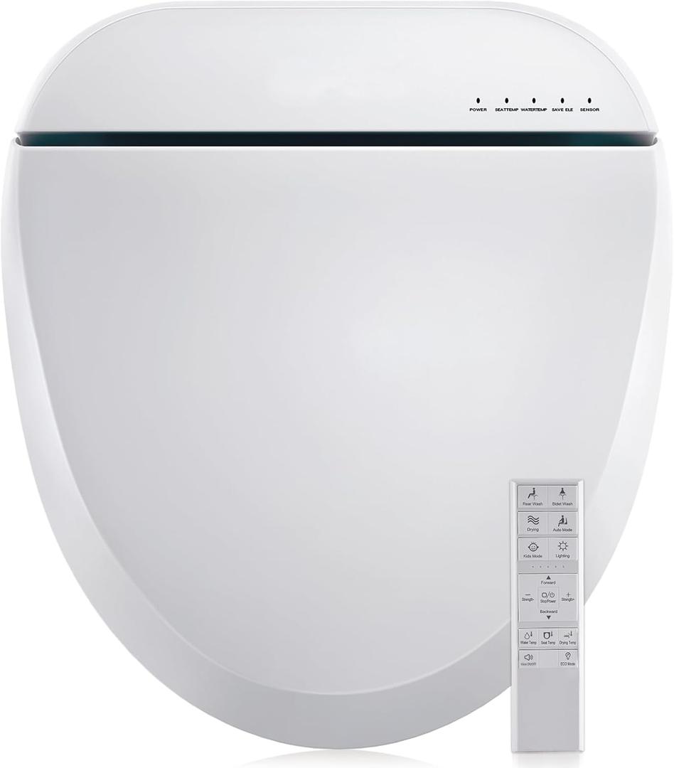 Bidet Toilet Seat, Round, Smart Unlimited Warm Water, Electronic Heated Toilet Seat with Remote Control, Turbo Wash, Dryer, Rear and Front Wash, Slow Closes, Night Light, White, 102DS-W