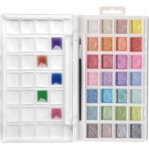 Artecho 28 Metallic Watercolor Paint Set, Glitter Colors, Semi-Moist Pearlescent Water color, Ideal for Beginners and Artists
