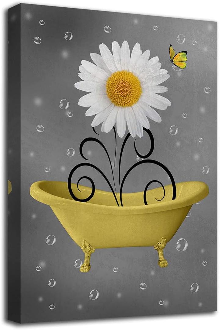 Bathroom Wall Art Daisy Canvas Pictures Modern Flower Bathtub Artwork Rustic Wood Board Background Contemporary Wall Art Decor Bedroom Living Room Office Home Framed Ready to Hang Yellow 16" x 24"