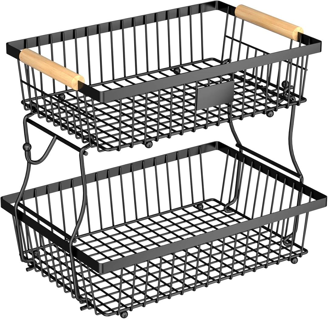 2 Tier Fruit Basket for Kitchen Counter with 2 Banana Hangers, Countertop Metal Bread Basket with Wooden Handle, Large Storage Stand for Vegetables, Snacks, Eggs, Produce Storage Black