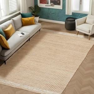 5' x 8' Jute & Wool Area Rug Handwoven Mini Check Pattern with 4-Inch Border Natural Farmhouse Living Room, Dining & Bedroom Rug, Neutral Flatweave Indoor Dcor (5' x 8')