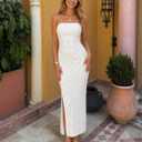 ZESICA Womens 2026 Summer Floral Strapless Maxi Dress Bodycon Side Slit Mesh Formal Cocktail Party Wedding Guest Long Dresses (White, XL)
