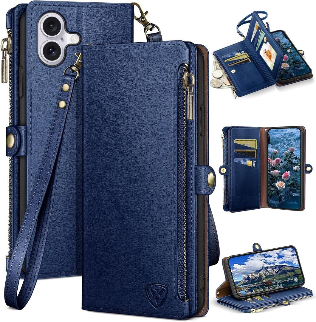 XcaseBar Compatible with iPhone 17 6.3" Wallet case with Zipper Credit Card HolderRFID Blocking,Flip Folio Book PU Leather Phone case Shockproof Cover Women Men for Apple 17 case Blue