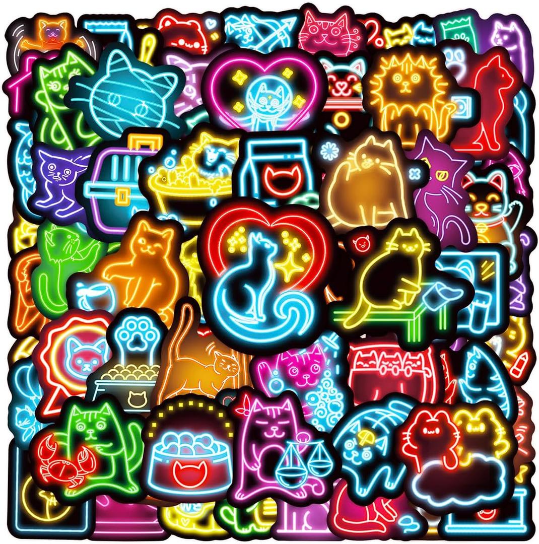 3 x 100pcs Neon Cat Theme Waterproof Vinyl Stickers - Cats Decor & Party Favors Gifts for Laptop, Water Bottle, Skateboard