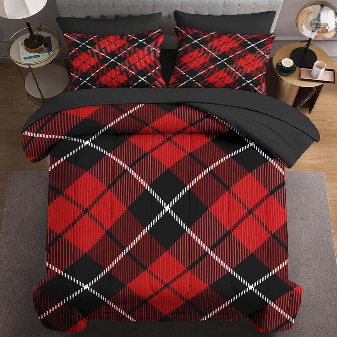 Comforter Set Full Size 7Pcs for Kids and Adults, Plaid Vintage Retro Geometric, Bedding Decor Rustic Checkered New White Bedroom Decoration with Bed Flat Fitted Sheet Pillowcases (Multi Hb3042)