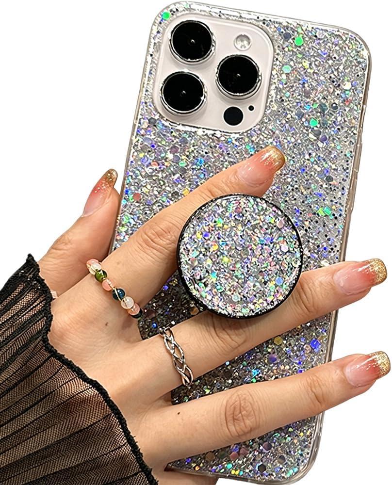 Case for iPhone 16 Pro Max Case Glitter Bling for Women Girls Sparkle Cover, with Ring Stand Holder Protective Case 6.9 inch (Silver)