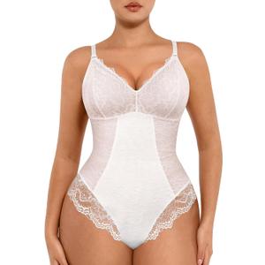 FeelinGirl Shapewear Bodysuits for Women Lace Shapewear Tummy Control V-Neck Sleeveless Bodysuit Tops Jumpsuit (Large, White)
