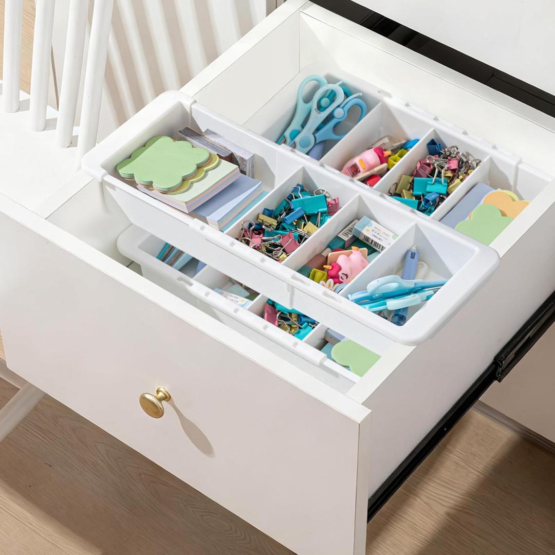 3 Pcs Expandable Drawer Organizer Bins Adjustable Deep Drawer Hanging Organizer Tray Expandable 11.4 to 18.1 Inches Plastic Dividers Storage for Office Bathroom Bedroom Kitchen Desk, White