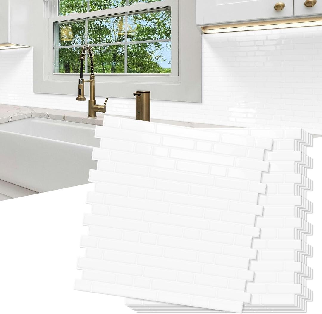 10 Sheet Thick Peel and Stick Kitchen Backsplash Tiles,3D Waterproof Self Adhesive Wall Tile Stick on Backsplash for Kitchen,Bathroom and Fireplace(White,12"12")