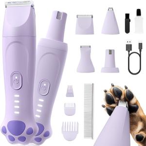Dog Paw Trimmer - 4-in-1 Dog Clippers Grooming Kit with Low Noise & IPX7 Waterproof Design Includes Comb Paw Trimmer Nail Grinder - Rechargeable & Cordless Pet-Friendly Clipper (Purple) (Lavender)