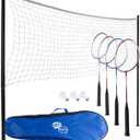 Badminton Set - Backyard Games Include 4 Badminton Rackets, 3 Birdies, Regulation-Size Net with Pole Stakes and Carry Bag - Outdoor Sports by Hey Play, One Size