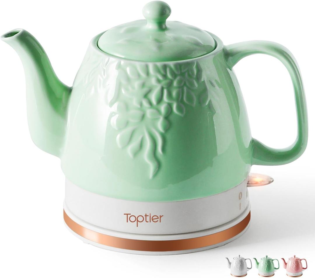 Toptier Electric Ceramic Tea Kettle, Boil Water Quickly and Easily, Detachable Swivel Base & Boil Dry Protection, Carefree Auto Shut Off, 1 L, Green Leaf (1 LITER, Light Green)