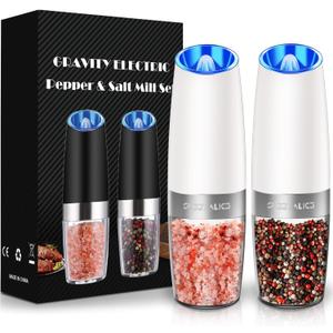 Sweet Alice Gravity Electric Pepper and Salt Grinder Set, Adjustable Coarseness, Battery Powered with LED Light, One Hand Automatic Operation, Snow White, 2 Pack (2.5x2.5x7.9inch, Set/Snow White)
