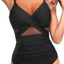 Tempt Me Women One Piece Swimsuits Tummy Control Bathing Suits Cutout Mesh Front Cross Swimwear (Large, Black)