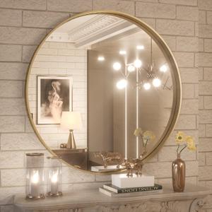 Brushed Gold Round Mirror 30 Inch Gold Round Vanity Bathroom Mirror for Wall Aluminum Alloy Matte Metal Frame Modern Gold Circle Mirror Fit in Minimalist Multi Style Home Decor