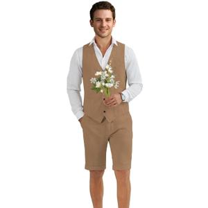 Men's Suit 2 Pieces Vest Short Pants Set Chic Beach Wedding Outfit Homecoming Party Linen Lightweight Casual Summer Fit Khaki S