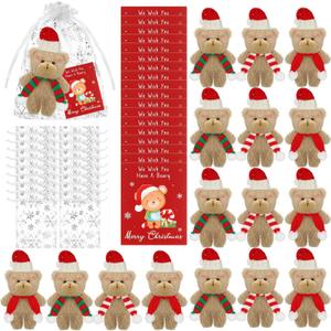 Syhood 18 Sets Christmas Plush Small Bear 6inch Stuffed Plush Bear Doll Mini Christmas Stuffed Animal Toy with Gift Tags Organza Bags for Xmas Holiday Party Favors Wedding Decoration Supplies(Brown)