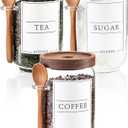 KOSKIMER Coffee and Sugar Container Set, Glass Coffee Jars with Wooden Lids and Scoops, Decorative Sugar Tea Creamer Canisters for Kitchen Countertop (25oz)