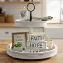Christian Table Centerpiece Decor, 4 pcs Rustic Wooden Stacked Blocks with Faith Hope Love Signs, Wood Bead & Jute Tassel, Tiered Tray Decor for Home Office Mantle Living Room, Gifts for Christians