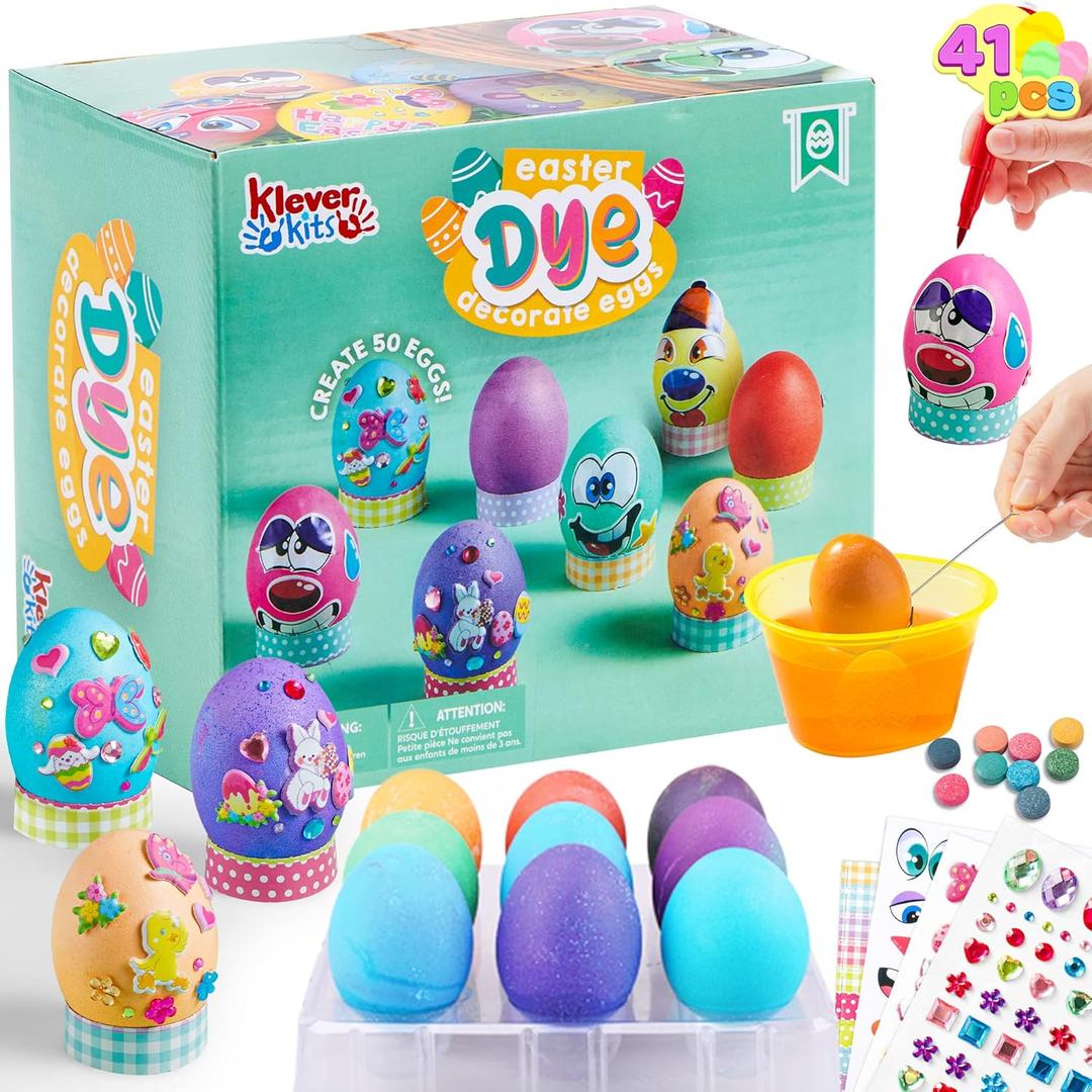 Klever 41 Pcs Easter Egg Decorating DIY Kit with Dye Tablets and Easter Stickers, Coloring Dyeing Set for Kids Theme Party, Egg Hunt Creativity Activity