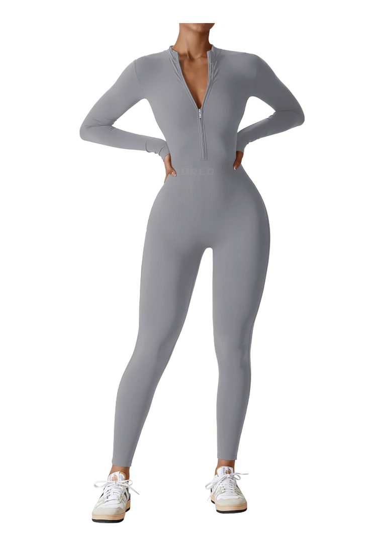 YEOREO Women Long Sleeve Workout Jumpsuit Zip Up Romper Bottom Pants Bodysuit Bodycon Sexy One Piece, Size XL