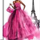 African American Canvas Wall Art Pink Dress Women Fashion Black Girl Pictures Decor Paris Eiffel Tower Painting Prints Modern Framed Artwork for Home Bedroom Bathroom Living Room Office 16"x24"