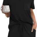 RUBZOOF Women's Short Sleeve Pajama Sets with Pockets Casual V Neck 2 Piece Lounge Sets S-3XL (01-black)