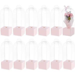 BENECREAT 12Pcs Single Rose Flower Box Empty Bag, Clear Flower Packing Boxes Flower Gift Boxes for Graduation Wedding Birthday Floral Gift Floral Arrangement Supply, Pink