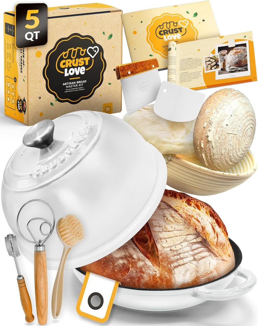Dutch Oven Bread Baking - 5QT Enamel Bread-Dome - incl Sourdough Bread-Baking Suppliers like Dough Whisk Scoring Lame etc Bread-Oven Cast Iron for Sour dough Bread-Pan with Lid, Bread-making (White)