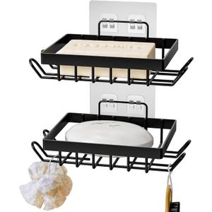 Vowupt Soap Bar Holder for Shower with 8 Hooks, Set of 2 Bar Soap Dish for Bathroom, Self Draining Shower Soaps Holder, Adhesive Soaps Saver Soap Tray Stand for Bathroom Accessories(Black)