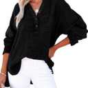 Dokotoo Womens Casual Button V Neck Long Sleeve Shirts Oversized Solid Blouses Tops (X-Large, Black)