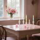 4-Pack Printed Taper Candles Unscented - Dripless & Smokeless 7-Hour Burn - 10" Hand-Poured Candles with Lily Design for Dining, Weddings (White/Pastel Yellow/Pink/Blue)