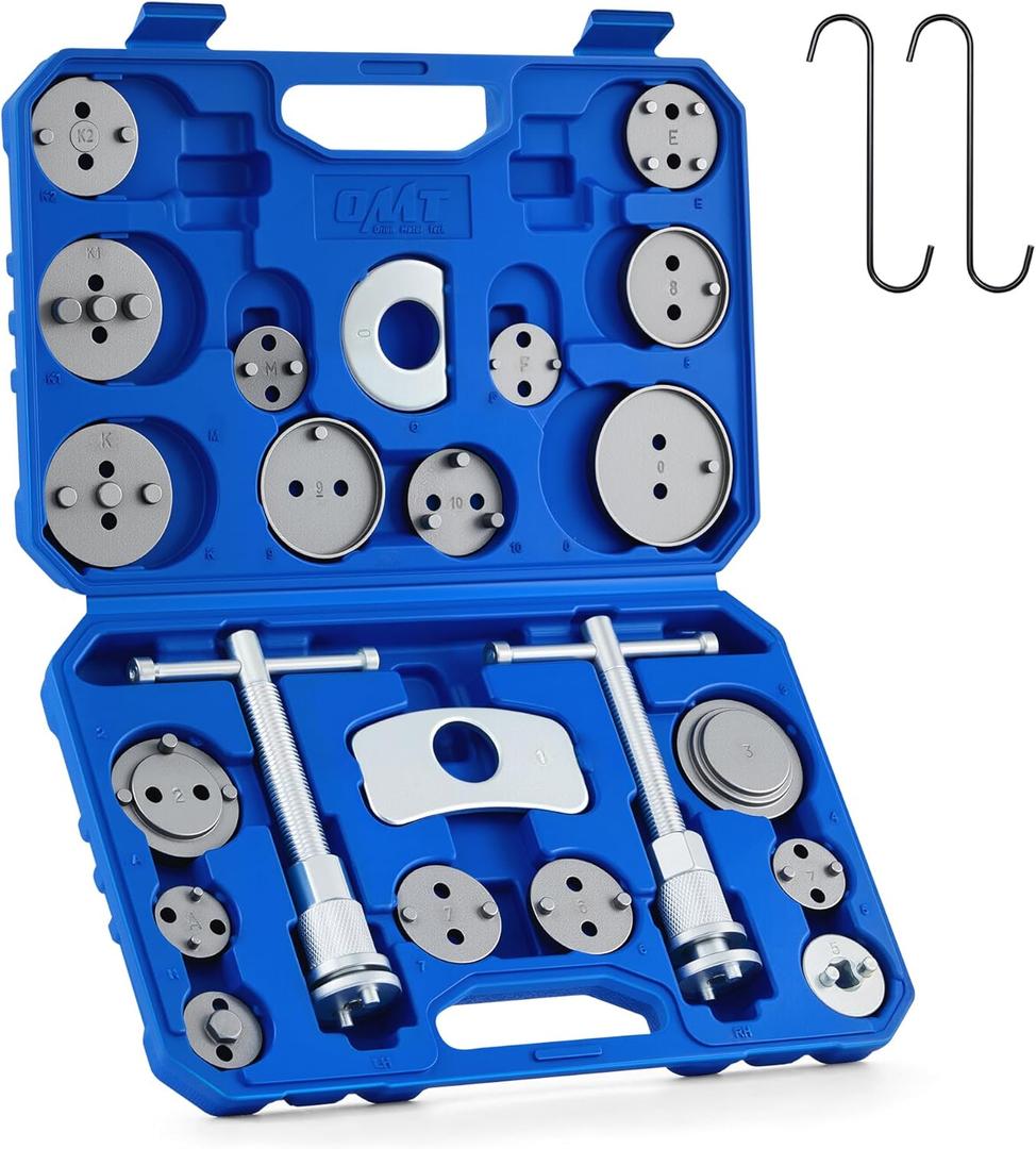 Orion Motor Tech 24pc Brake Caliper Compression Tool Set, Heavy Duty Brake Piston Compressor Tool and Wind Back Tool Kit for Brake Pad Replacement, Universal Disc Brake Caliper Tool Set with Blue Case