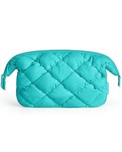 BAGSMART Quilted Travel Makeup Bag, Puffy Toiletry Organizer with Wide Opening, Cosmetic Storage for Women's Accessories, Lake Blue