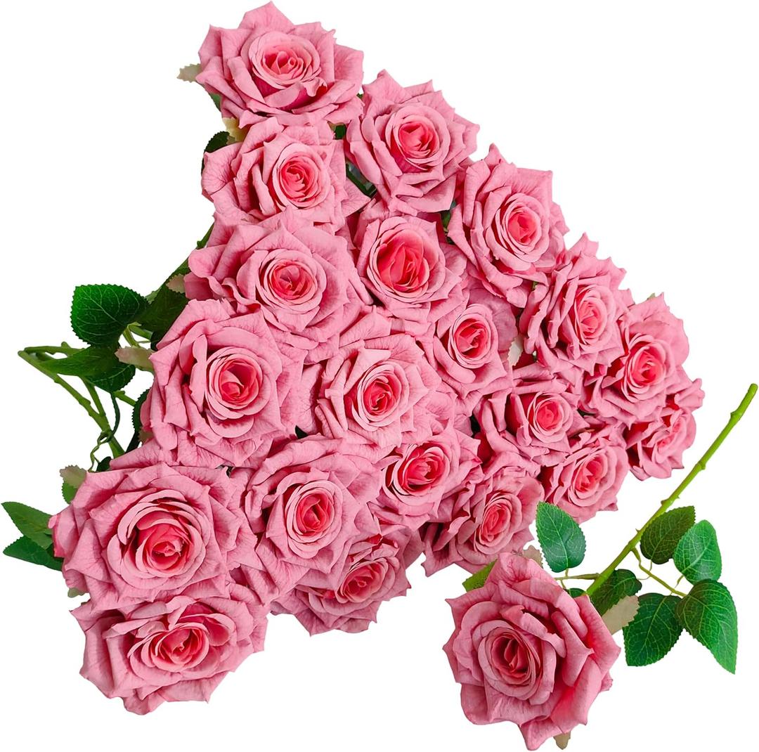 ATFL Fake Roses Artificial Flowers Bulk,3D Simulated Flowers,20 Pcs Artificial Silk Roses Flowers with Stems for Wedding Arrangement Centerpieces Party Home Table Decorations (20, Bean Pink)