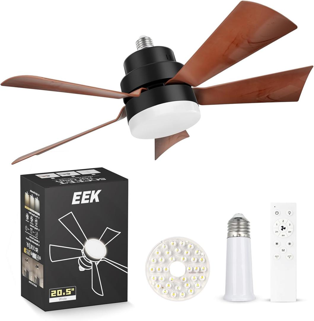 EEK Socket Fan Light with Ultra Quiet Design, 20.5 Ceiling Fans with LED Lights and Remote,Screw in Fan Light for E26/E27,3Speeds 3Colors 3000-6500K,1200 (Woodgrain)