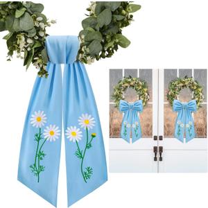 2 Pack Daisy Floral Wreath Sash for Front Door Embroidery Spring Flower Ribbon Sash for Spring Easter Day Yard Porch Decor (Blue)