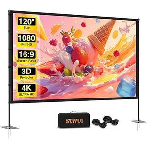 STWUI Outdoor Projector with Stand, 120 Inch Portable Projector Screen, Indoor Outdoor Projector Screens, 16:9 4K HD Lightweight Movie Screen with Carry Bag