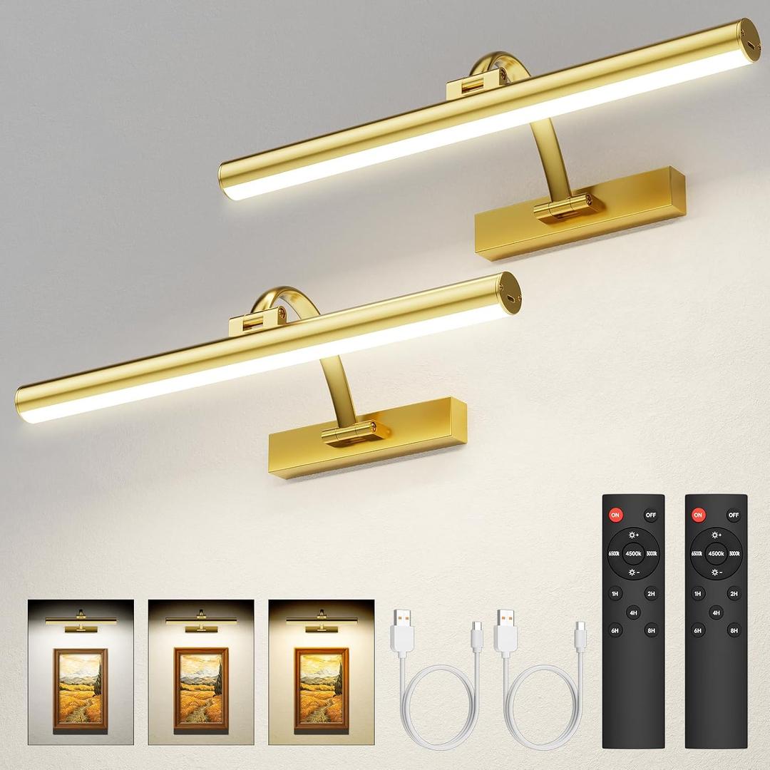 Picture Lights for Wall, 16.5" Rechargeable Art Light with Remote & Timer, 5200mAh Battery Operated Poster Lights, 3 Color Modes & 3 Brightness Levels for Pictures, Gallery, Photos (2 Pack)