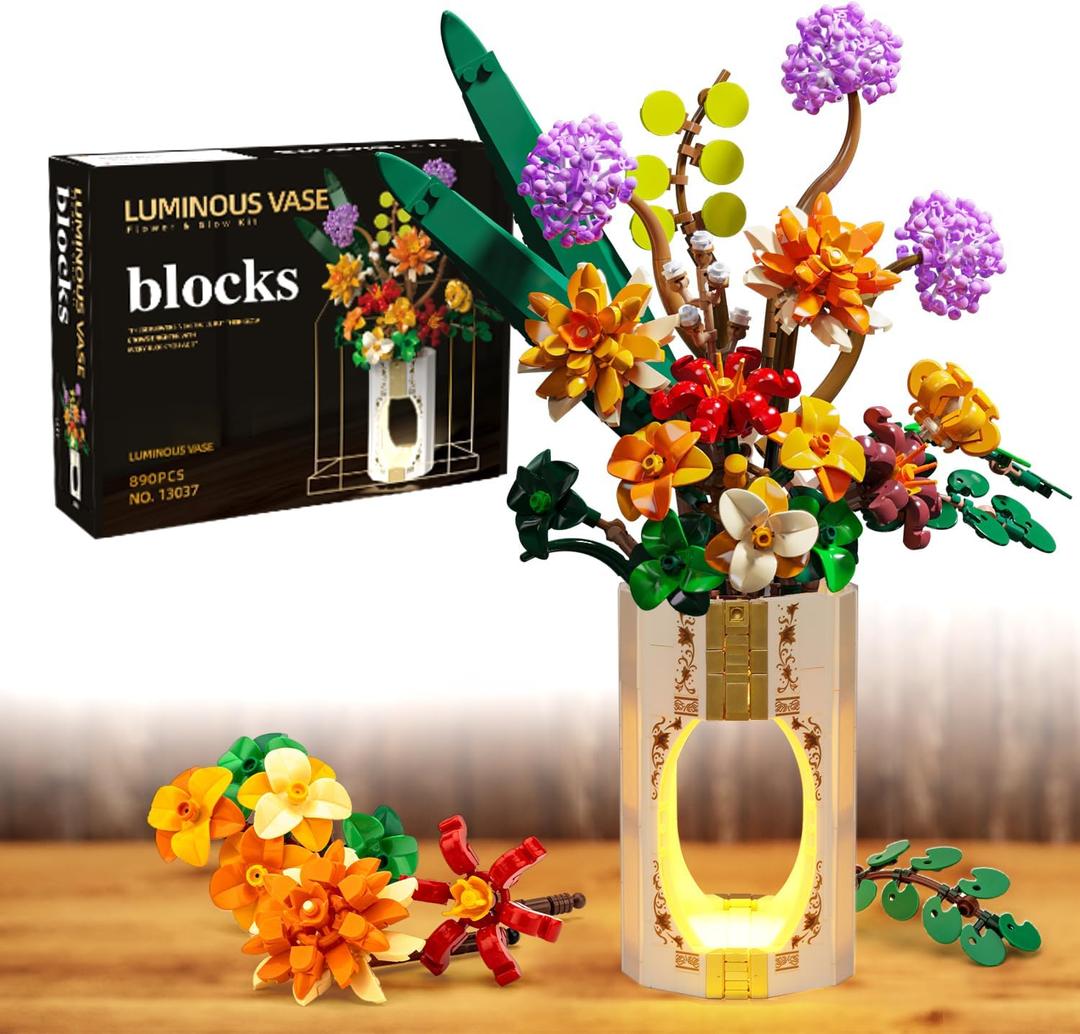 Flower Building Sets with Vase, Compatible with Lego Flowers for Adults 890pcs, Artificial Flowers Building Blocks for Botanical Collection for Adult, Ideal Gifts for Teen Girls Mom Women Girlfriend