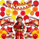 Fire Truck Birthday Party Decorations Kit 62PCS Fire Truck Balloons, Firefighter Theme Supplies with Banner, Table Cover, Cake Toppers, Tattoo Stickers for Kids & Boys Party