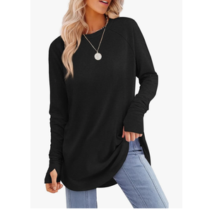 Womens Tunic Tops to Wear with Leggings Long Sleeve Thumb Hole Shirts Crew Neck Curved Hem M