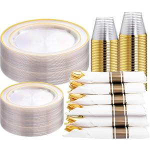 WELLIFE 210PCS Clear-Gold Plastic Plates - Dinnerware Sets for 30 Guests - 60 Disposable Plates, 90 Plastic Silverware, 30 Cups, 30 Napkins for Party