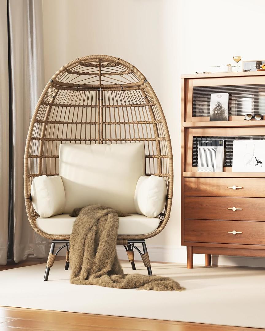 GAOMON Oversized Wicker Egg Chair Outdoor, Patio Lounge Chair with Ultra Luxury Cushions & Steel Frame, 350LBs Capacity Egg Chair Indoor Outdoor for Balcony, Patio, Living Room, White, No Swivel, No Ottoman