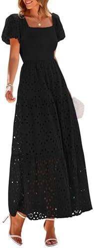 PRETTYGARDEN Summer Dresses for Women 2025 Eyelet Square Neck Puff Sleeve Smocked Wedding Guest Maxi Dress with Pockets Size M