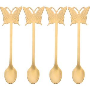 4pcs Golden Stainless Steel Butterfly Long Handle Mixing Spoons 5.31 Inch Coffee Dessert and Salad Spoons for Home and Party Use Easy to Clean