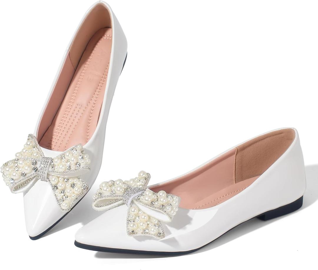 Leather Flats for Women Bling Rhinestone Pointed Non Slip Comfort Slip on Breathable Wedding Dress Ballet Flats Shoes (6, White)